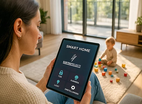 Frau mit Kleinkind bei Steuerung des Smarthome durch Tablett.