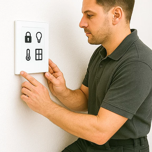 ELektriker installiert Steuerpanel für das Smart-Home-System